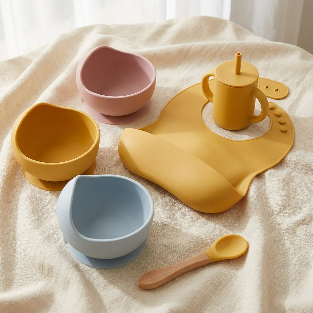 Baby Lyra 5-Piece Silicone Feeding Set - Suction Plate, Bowl & 2 Bibs